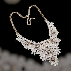 Hand Crafted Boho Ecru Lace Faux Pearl Seed Bead and Rhinestone Necklace